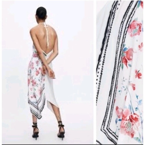ZARA Combined Asymmetric Halter V-Neck Dress Rose Print Black/White/Red Sz S - Picture 9 of 10